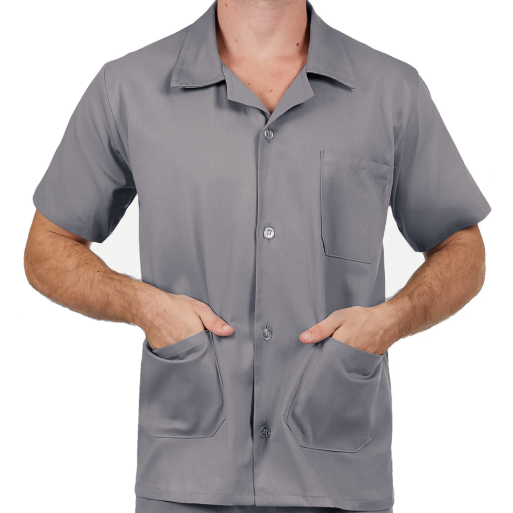 Jaleco Brim Manga Curta Com 3 Bolsos Uniforme Profissional Cinza