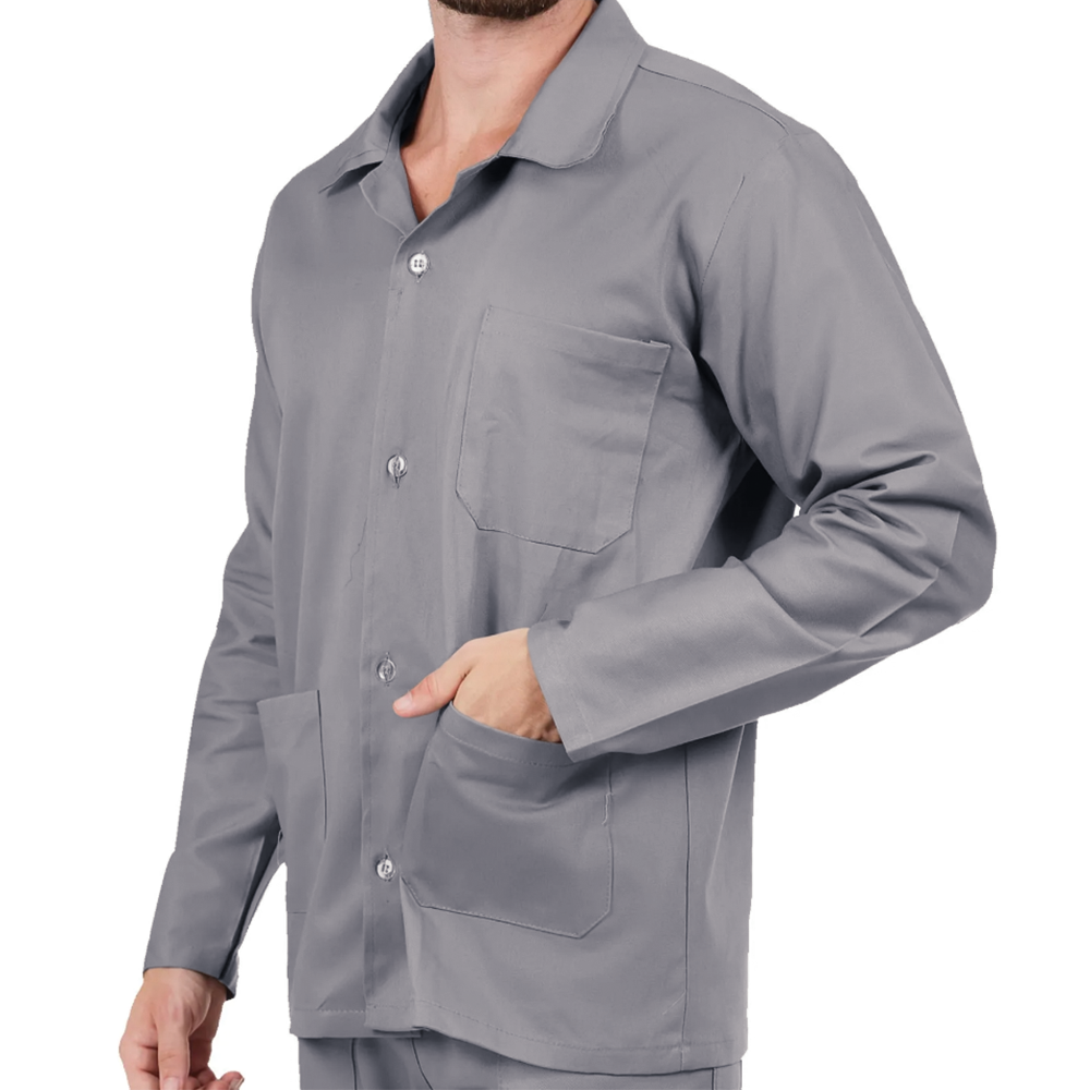 Jaleco Brim Manga Longa Com 3 Bolsos Uniforme Profissional Cinza - Imagem 2